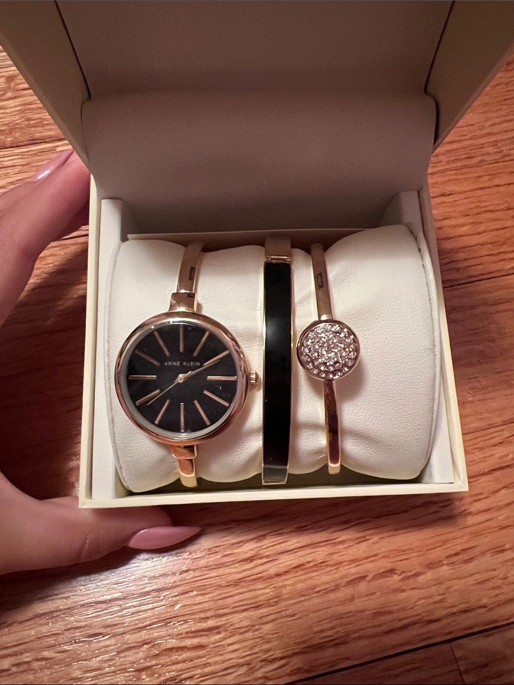 Anne Klein Gold and Black Watch with Two Coordinating Bangles